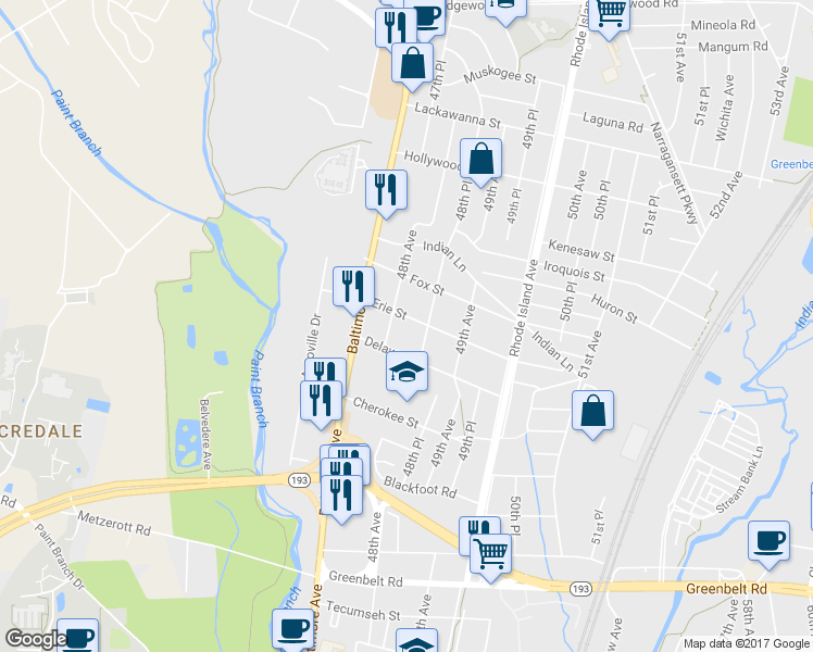 map of restaurants, bars, coffee shops, grocery stores, and more near 4805 Erie Street in College Park