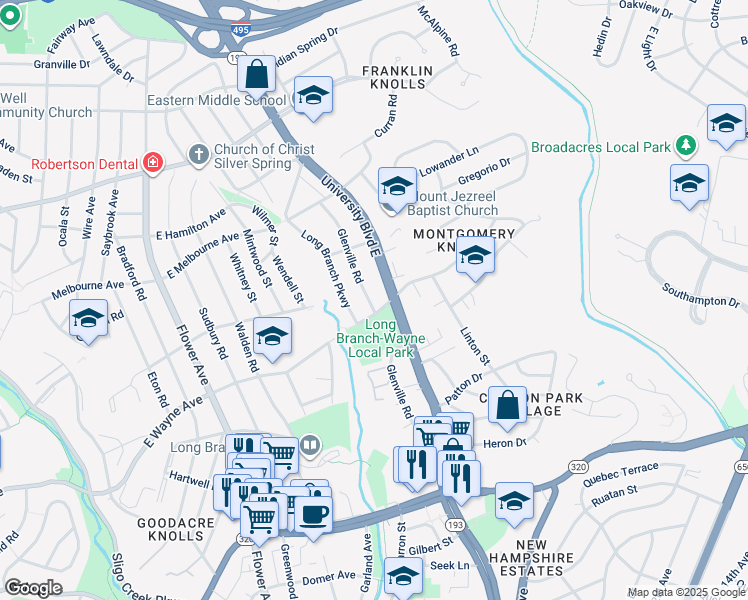 map of restaurants, bars, coffee shops, grocery stores, and more near 9203 Glenville Road in Silver Spring