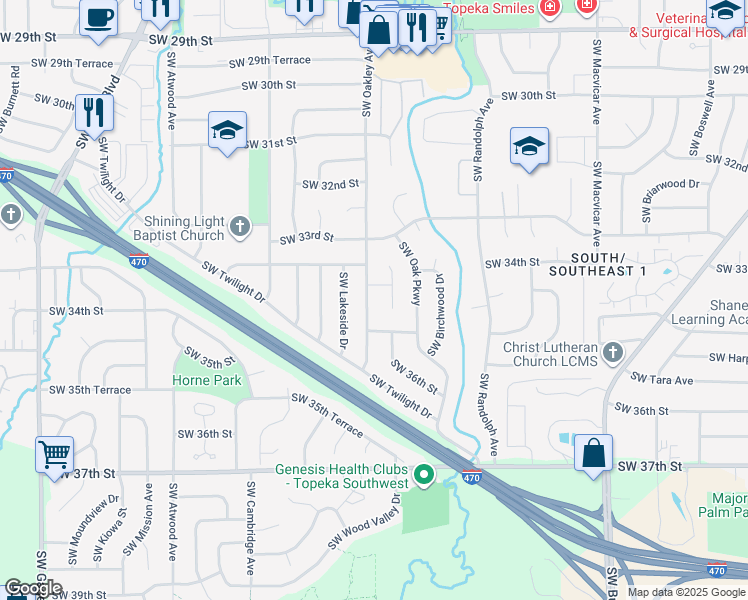 map of restaurants, bars, coffee shops, grocery stores, and more near 3412 Southwest Oakley Avenue in Topeka