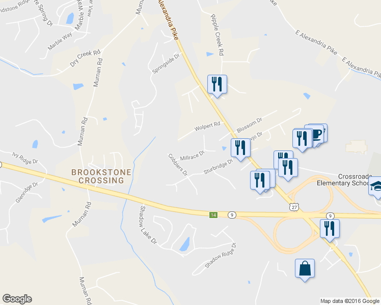 map of restaurants, bars, coffee shops, grocery stores, and more near 409 Millrace Dr in Cold Spring