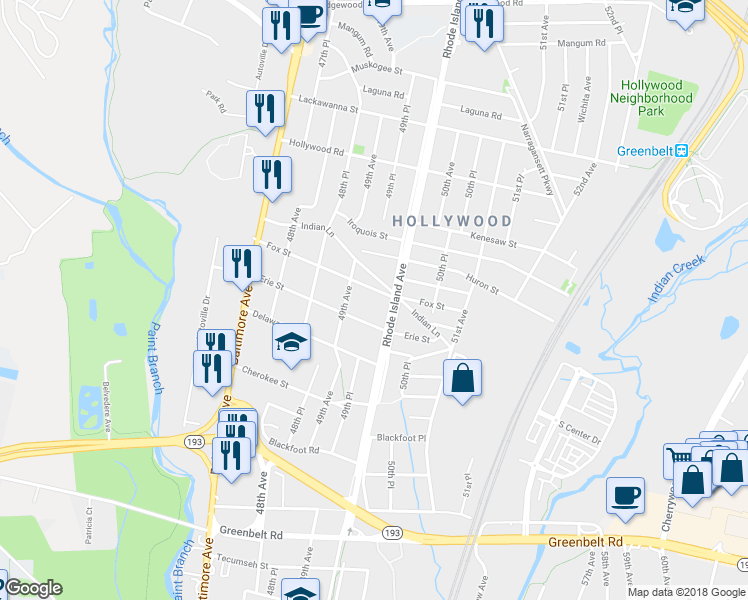 map of restaurants, bars, coffee shops, grocery stores, and more near 4913 Fox Street in College Park