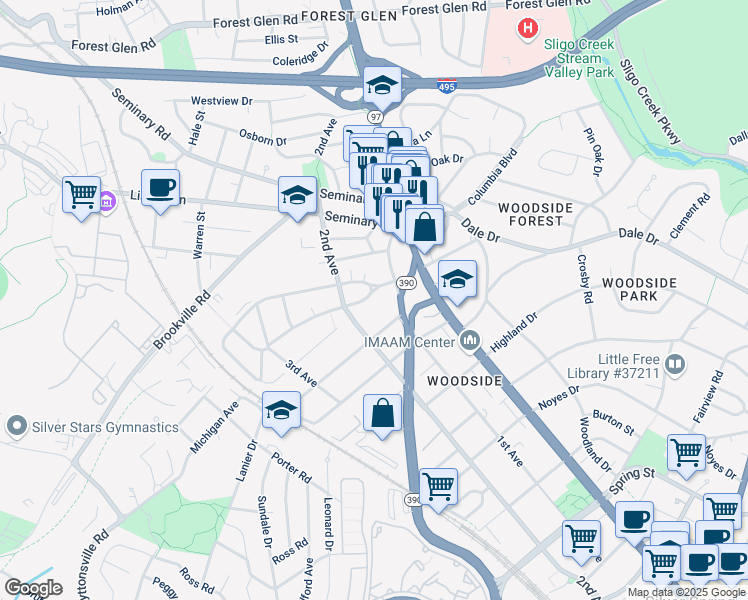 map of restaurants, bars, coffee shops, grocery stores, and more near 1910 Glen Ross Road in Silver Spring