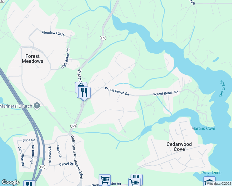 map of restaurants, bars, coffee shops, grocery stores, and more near 313 Forest Beach Road in Annapolis