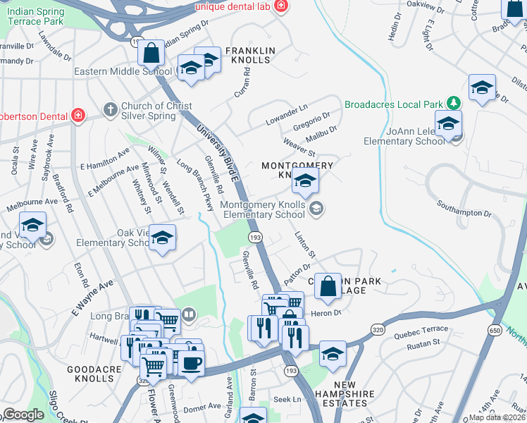 map of restaurants, bars, coffee shops, grocery stores, and more near 9120 Kimes Street in Silver Spring