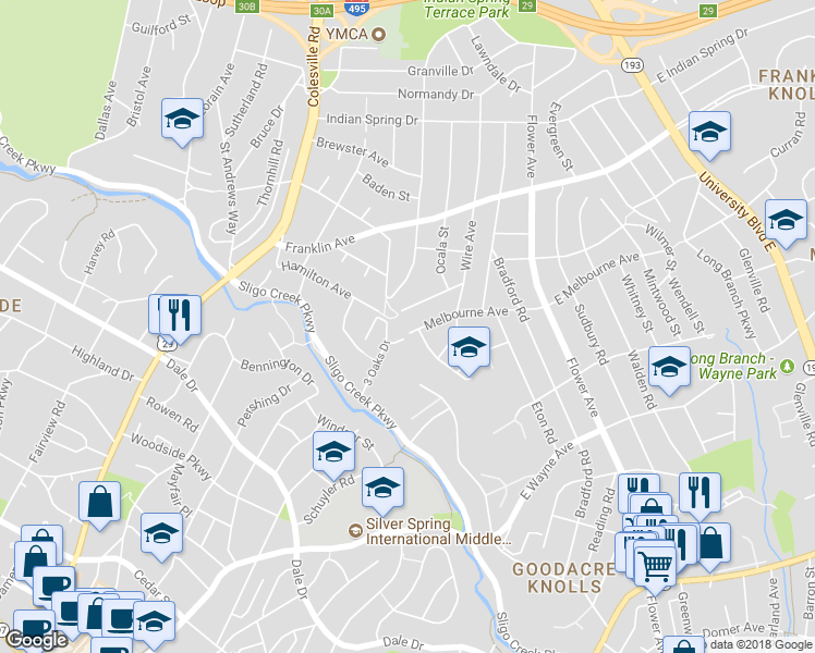 map of restaurants, bars, coffee shops, grocery stores, and more near 121 Melbourne Avenue in Silver Spring