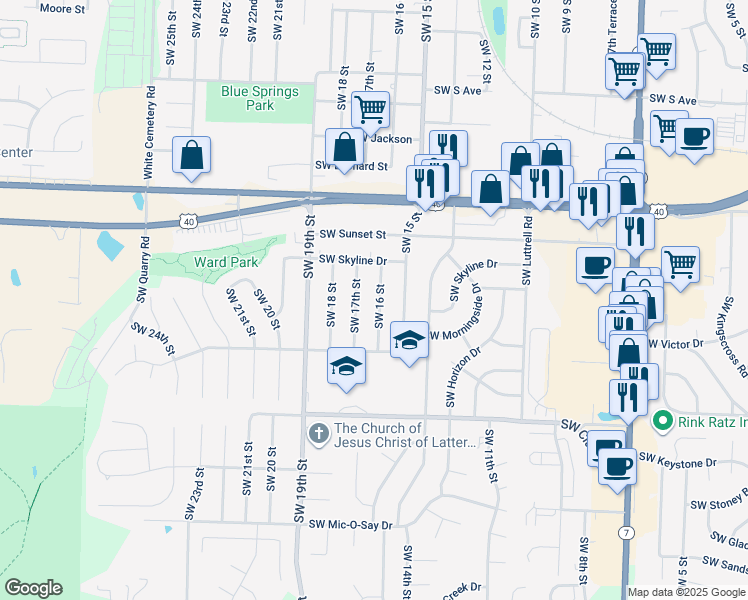 map of restaurants, bars, coffee shops, grocery stores, and more near 1013 Southwest 16 Street in Blue Springs