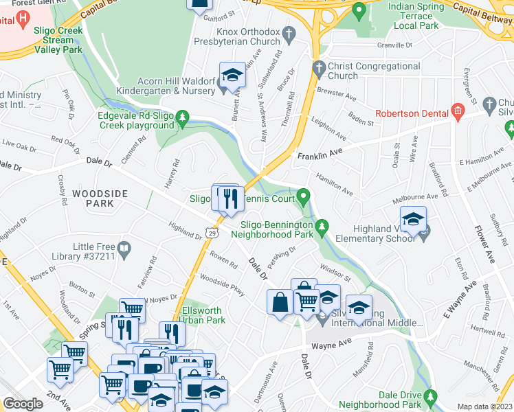 map of restaurants, bars, coffee shops, grocery stores, and more near 9224 Kingsbury Drive in Silver Spring