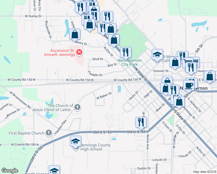 map of restaurants, bars, coffee shops, grocery stores, and more near 159 Hayden Pike in North Vernon