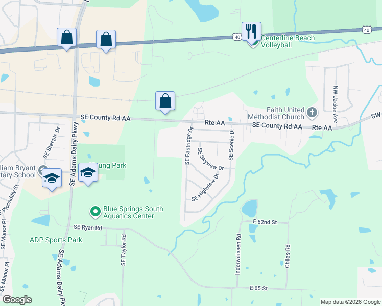map of restaurants, bars, coffee shops, grocery stores, and more near 1115 Southeast Skyview Drive in Blue Springs