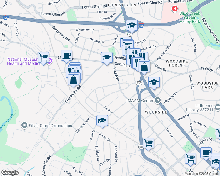 map of restaurants, bars, coffee shops, grocery stores, and more near 2014 Luzerne Avenue in Silver Spring