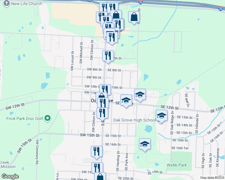map of restaurants, bars, coffee shops, grocery stores, and more near 107 Southeast 10th Street in Oak Grove