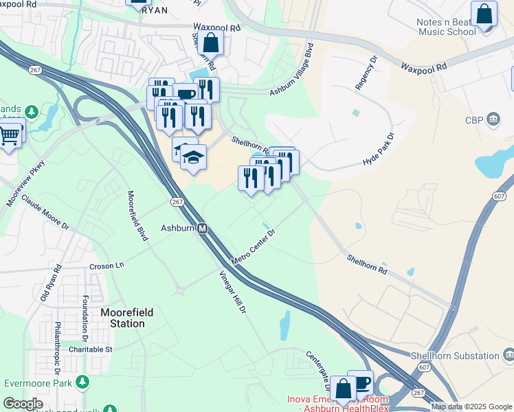 map of restaurants, bars, coffee shops, grocery stores, and more near 43751 Central Station Drive in Ashburn