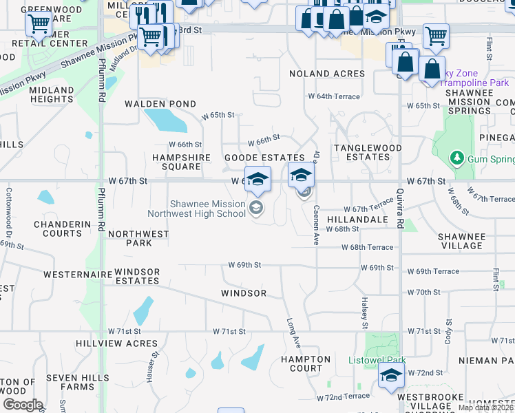 map of restaurants, bars, coffee shops, grocery stores, and more near 12701 West 67th Street in Shawnee