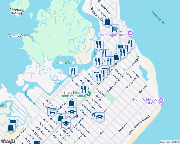 map of restaurants, bars, coffee shops, grocery stores, and more near 608 New York Avenue in North Wildwood