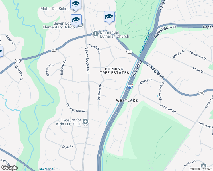 map of restaurants, bars, coffee shops, grocery stores, and more near 7627 Carteret Road in Bethesda