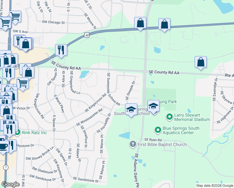 map of restaurants, bars, coffee shops, grocery stores, and more near 938 Southeast Kingscross Road in Blue Springs