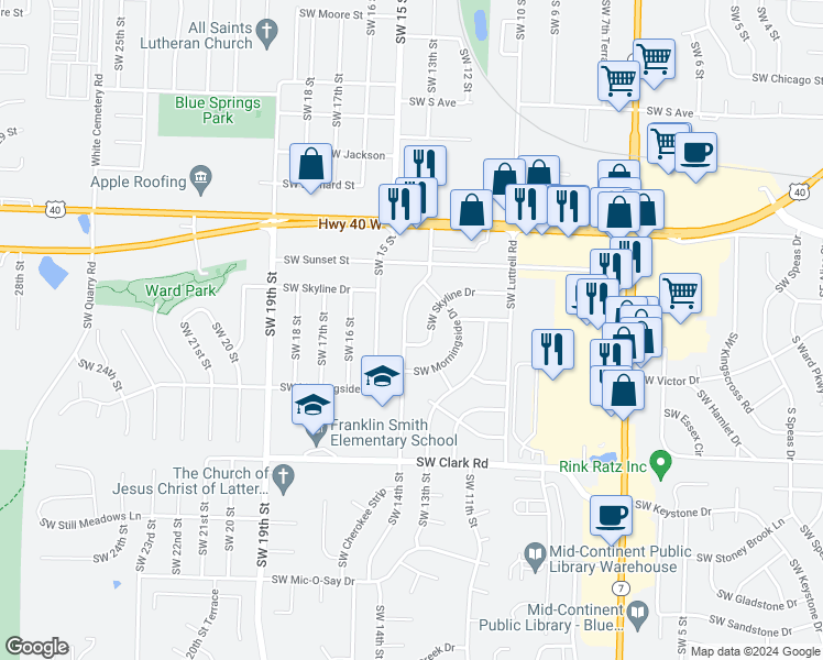 map of restaurants, bars, coffee shops, grocery stores, and more near 1008 Southwest 14th Street Terrace in Blue Springs