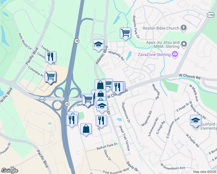 map of restaurants, bars, coffee shops, grocery stores, and more near in Sterling
