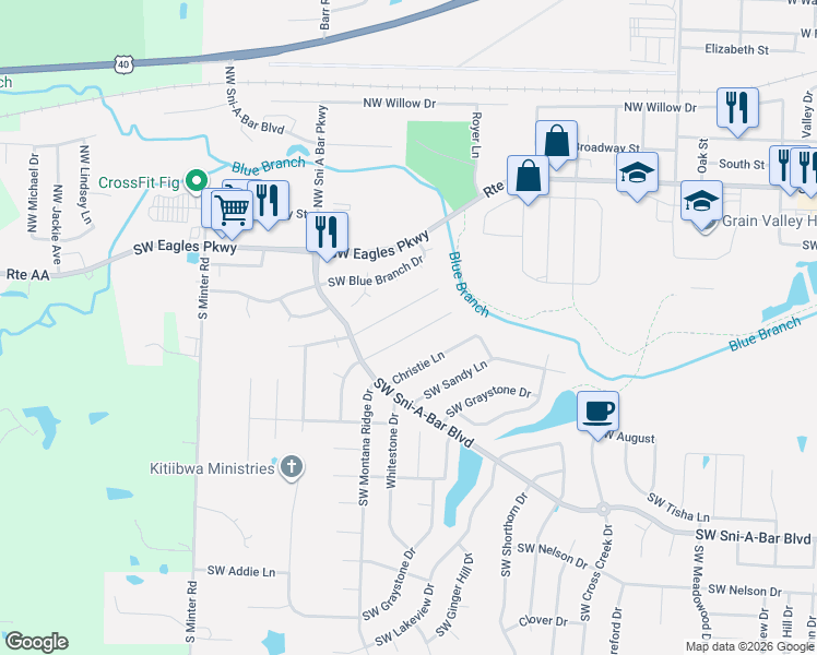 map of restaurants, bars, coffee shops, grocery stores, and more near 1115 Ephraim Drive in Grain Valley