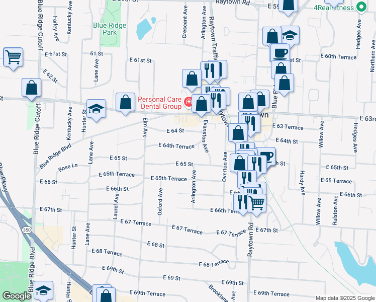 map of restaurants, bars, coffee shops, grocery stores, and more near 9503 East 64th Terrace in Raytown