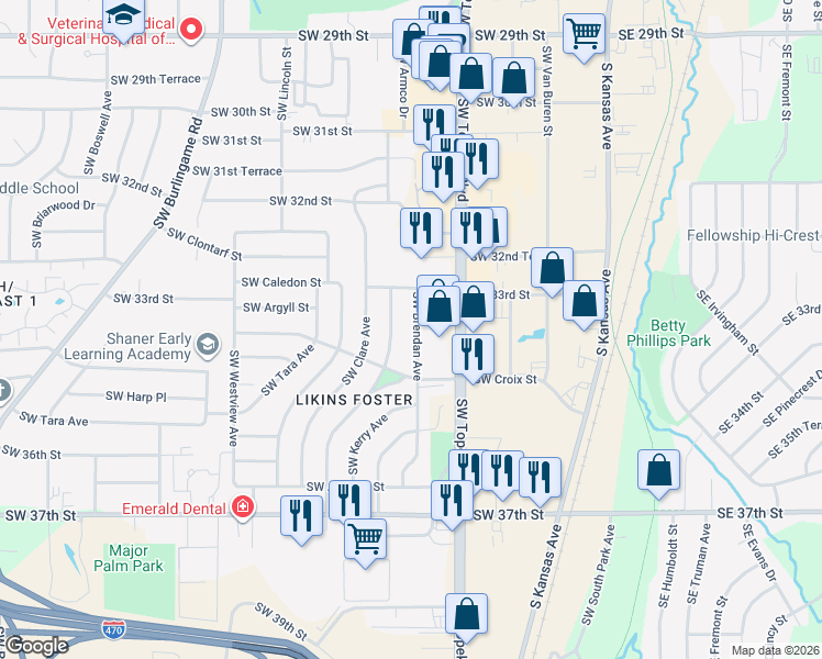 map of restaurants, bars, coffee shops, grocery stores, and more near 3393 Southwest Brendan Avenue in Topeka