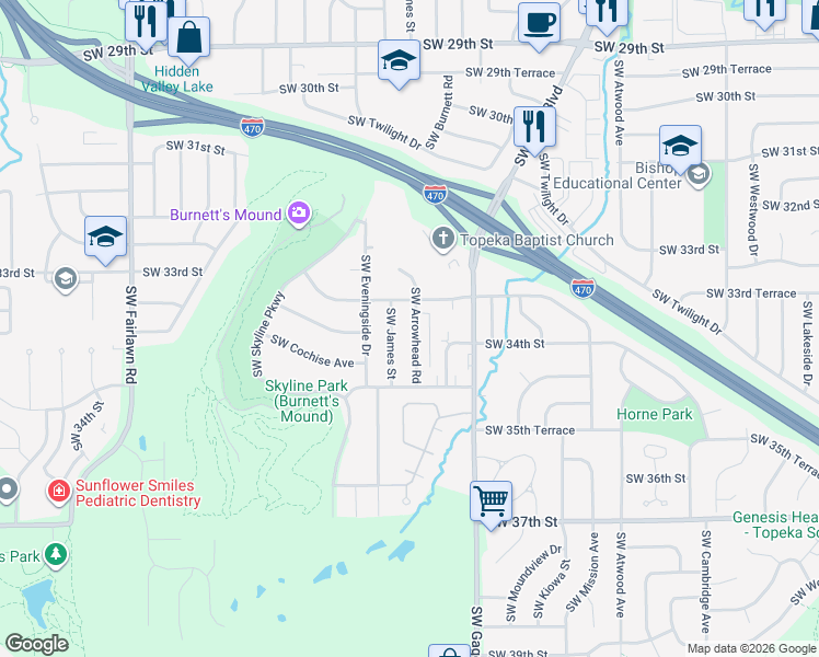 map of restaurants, bars, coffee shops, grocery stores, and more near 3401 Southwest Arrowhead Road in Topeka