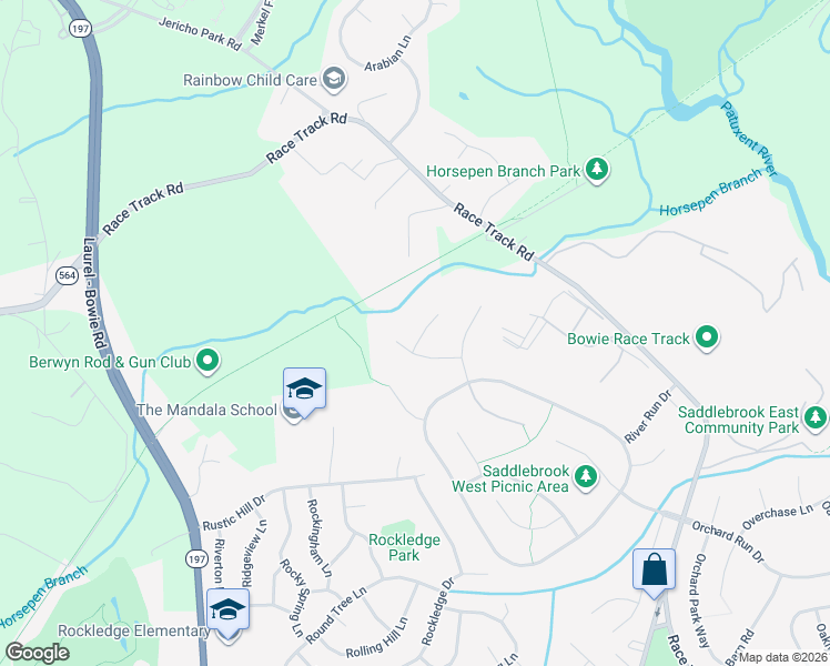 map of restaurants, bars, coffee shops, grocery stores, and more near 14911 River Chase Court in Bowie