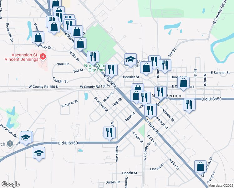 map of restaurants, bars, coffee shops, grocery stores, and more near 317 North State Street in North Vernon