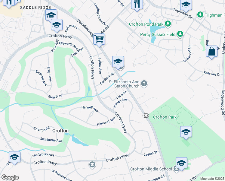 map of restaurants, bars, coffee shops, grocery stores, and more near 1770 Sandy Court in Crofton