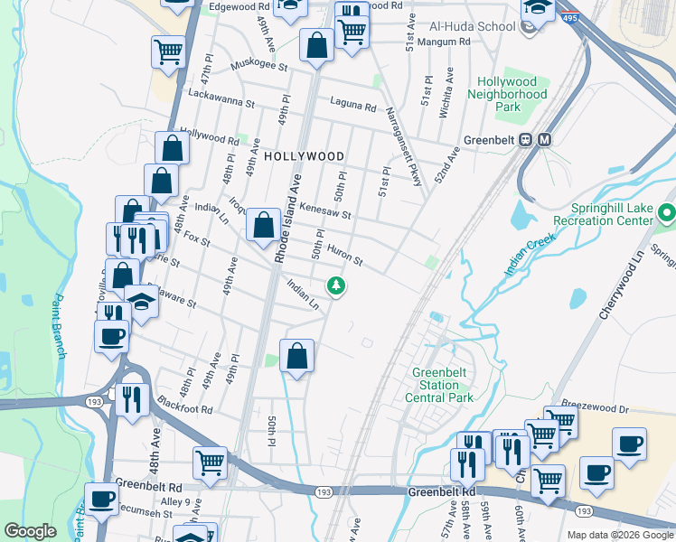 map of restaurants, bars, coffee shops, grocery stores, and more near 5025 Geronimo Street in College Park