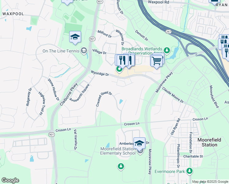 map of restaurants, bars, coffee shops, grocery stores, and more near 43144 Sunderland Terrace in Broadlands