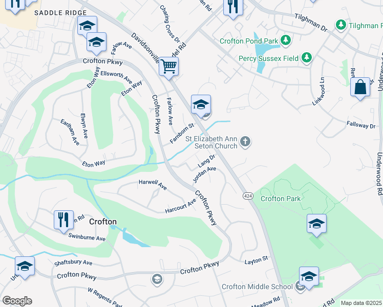 map of restaurants, bars, coffee shops, grocery stores, and more near 1770 Sandy Court in Crofton