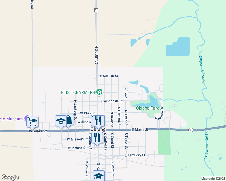 map of restaurants, bars, coffee shops, grocery stores, and more near 200-298 East Iowa Street in Oblong