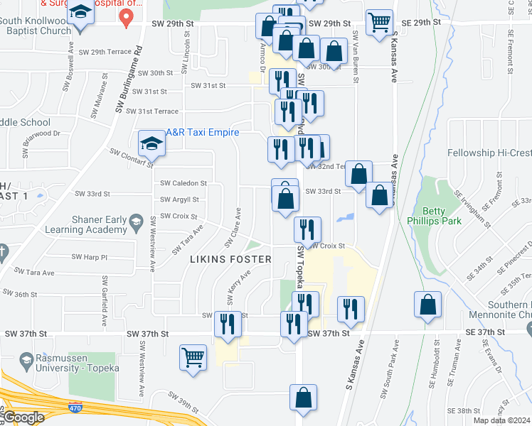 map of restaurants, bars, coffee shops, grocery stores, and more near 3387 Southwest Brendan Avenue in Topeka
