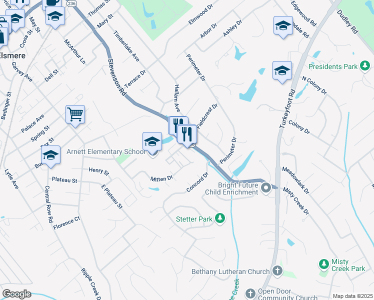 map of restaurants, bars, coffee shops, grocery stores, and more near 621 Stevenson Road in Erlanger