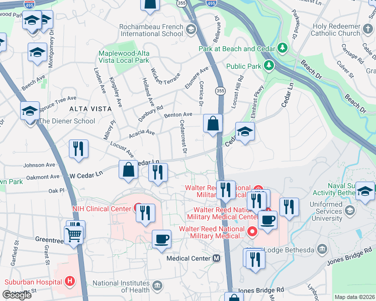 map of restaurants, bars, coffee shops, grocery stores, and more near 9203 Cedarcrest Drive in Bethesda