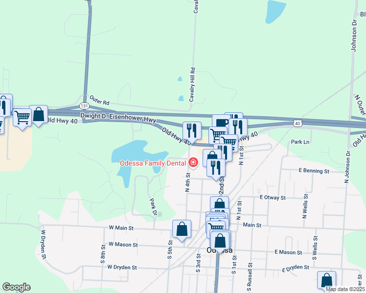 map of restaurants, bars, coffee shops, grocery stores, and more near 400 U.S. 40 in Odessa