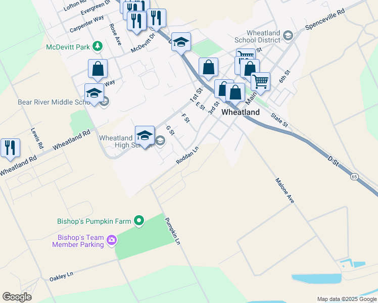 map of restaurants, bars, coffee shops, grocery stores, and more near 912 3rd Street in Wheatland