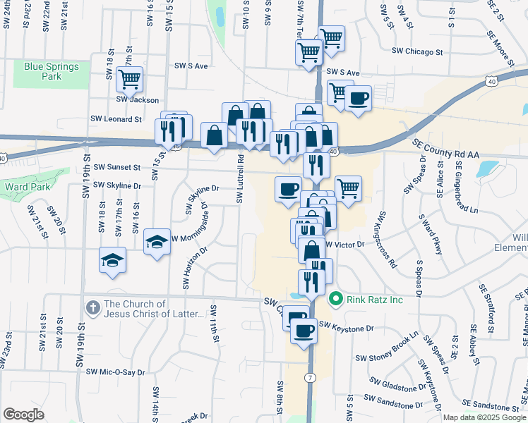 map of restaurants, bars, coffee shops, grocery stores, and more near 821 Northwest Highway 7 in Blue Springs
