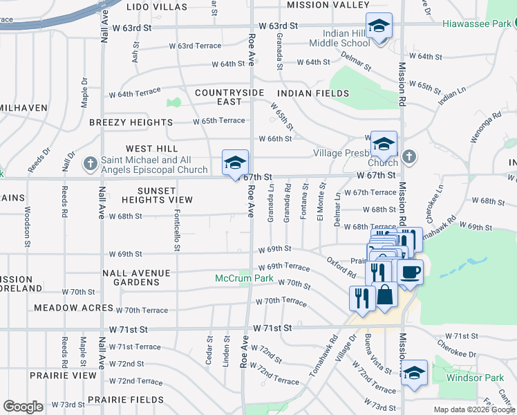 map of restaurants, bars, coffee shops, grocery stores, and more near 6747 Roe Avenue in Prairie Village