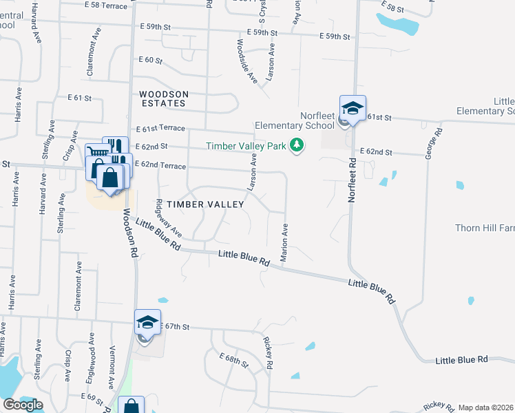 map of restaurants, bars, coffee shops, grocery stores, and more near 6405 Larson Court in Kansas City