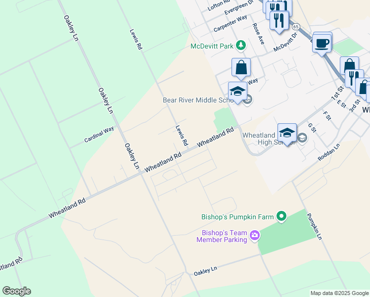 map of restaurants, bars, coffee shops, grocery stores, and more near 4787 Wheatland Road in Wheatland