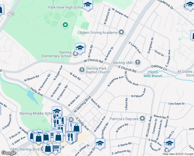 map of restaurants, bars, coffee shops, grocery stores, and more near 502 North Alder Avenue in Sterling