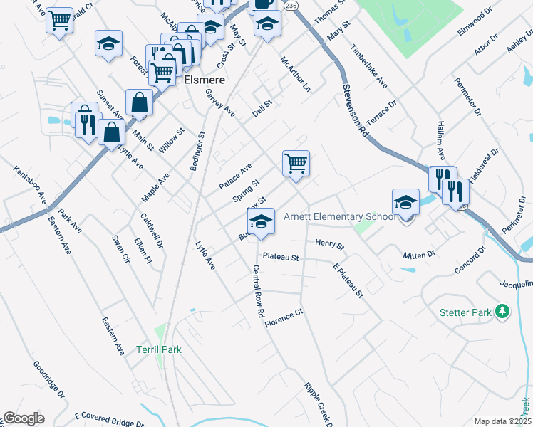 map of restaurants, bars, coffee shops, grocery stores, and more near 442 Buckner Street in Elsmere