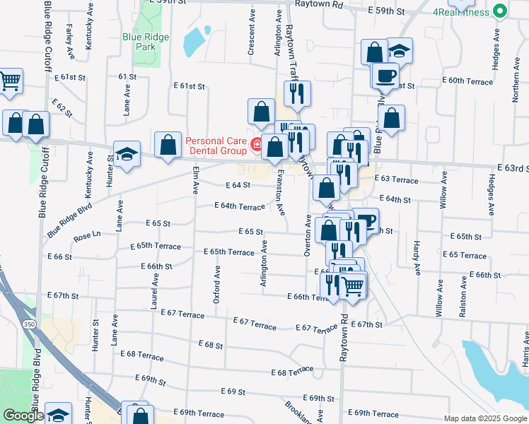 map of restaurants, bars, coffee shops, grocery stores, and more near 9503 East 64th Terrace in Raytown