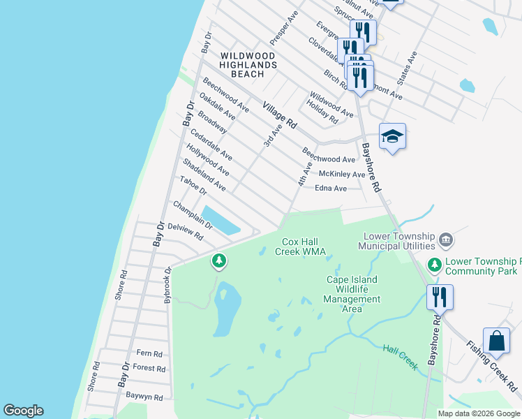 map of restaurants, bars, coffee shops, grocery stores, and more near 118 Shadeland Avenue in Villas