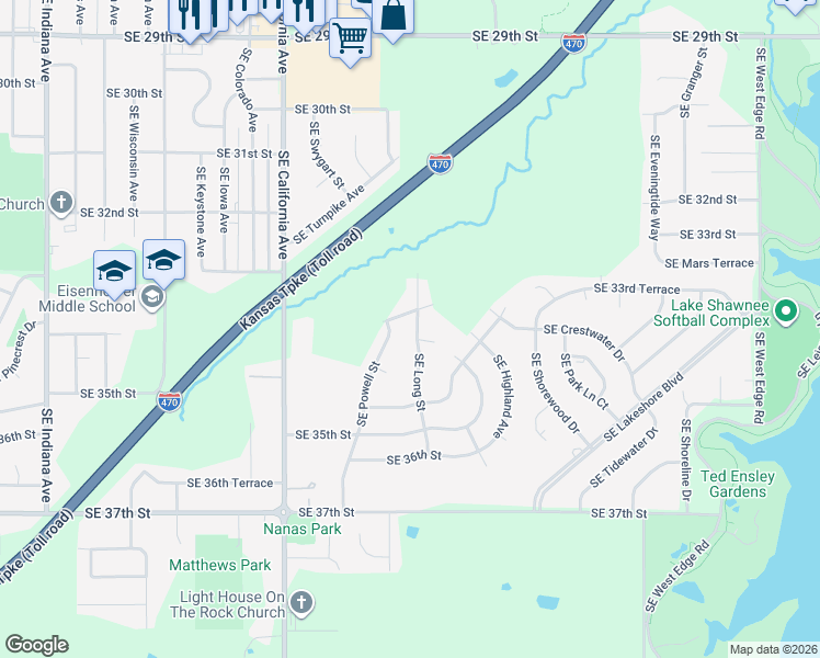map of restaurants, bars, coffee shops, grocery stores, and more near 3309 Southeast Long Street in Topeka