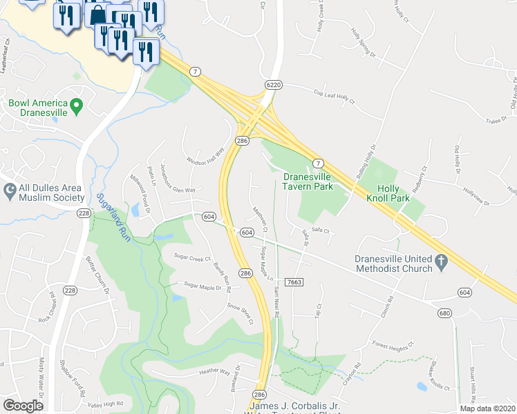 map of restaurants, bars, coffee shops, grocery stores, and more near 1073 Methven Court in Herndon