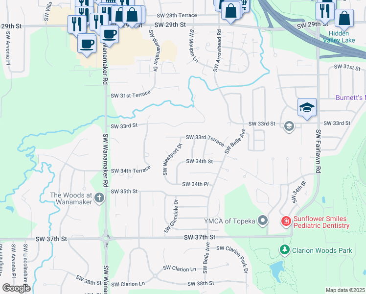 map of restaurants, bars, coffee shops, grocery stores, and more near 3352 Southwest Westport Drive in Topeka