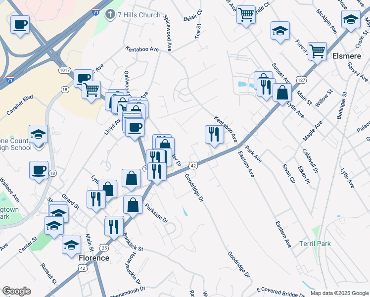 map of restaurants, bars, coffee shops, grocery stores, and more near 6550 Nicholas Street in Florence